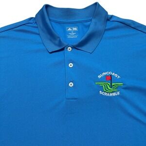 Adidas Polo Golf Shirt Mens XL Short Sleeve Blue Casual Suncoast‎ Scramble Logo